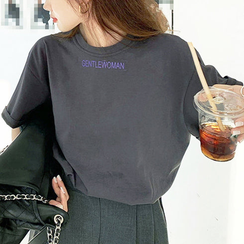 英字ロゴ 半袖Tシャツ ロングT 着やせ トップス カットソー カジュアル 体型カバー 春夏 オルチャン プリントTシャツ ラウンドネック 77YYUAN-002