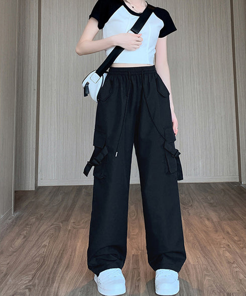 カーゴパンツ レディース ワイドパンツ 春秋夏 ウエストゴム かっこいい ゆったり ボトムス 低身長向け 原宿風 ストレートパンツ カジュアル ダンス衣装 77ZHBB-002