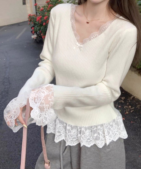 ニットトップス レース切替え Vネック服 レディースニットソー 春秋冬服 ニットウエア 韓国風 ニットインナー オフィスカジュアル フェミニンニット リブトップス 77ZHYI-001