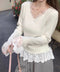 ニットトップス レース切替え Vネック服 レディースニットソー 春秋冬服 ニットウエア 韓国風 ニットインナー オフィスカジュアル フェミニンニット リブトップス 77ZHYI-001