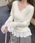 ニットトップス レース切替え Vネック服 レディースニットソー 春秋冬服 ニットウエア 韓国風 ニットインナー オフィスカジュアル フェミニンニット リブトップス 77ZHYI-001