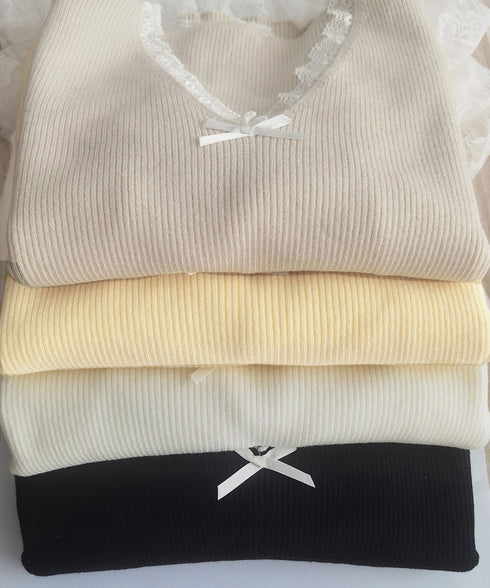 ニットトップス レース切替え Vネック服 レディースニットソー 春秋冬服 ニットウエア 韓国風 ニットインナー オフィスカジュアル フェミニンニット リブトップス 77ZHYI-001