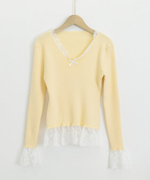 ニットトップス レース切替え Vネック服 レディースニットソー 春秋冬服 ニットウエア 韓国風 ニットインナー オフィスカジュアル フェミニンニット リブトップス 77ZHYI-001