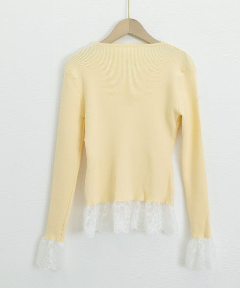 ニットトップス レース切替え Vネック服 レディースニットソー 春秋冬服 ニットウエア 韓国風 ニットインナー オフィスカジュアル フェミニンニット リブトップス 77ZHYI-001