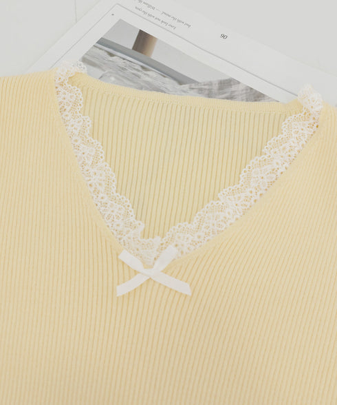 ニットトップス レース切替え Vネック服 レディースニットソー 春秋冬服 ニットウエア 韓国風 ニットインナー オフィスカジュアル フェミニンニット リブトップス 77ZHYI-001