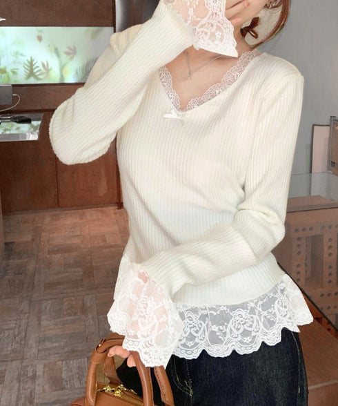 ニットトップス レース切替え Vネック服 レディースニットソー 春秋冬服 ニットウエア 韓国風 ニットインナー オフィスカジュアル フェミニンニット リブトップス 77ZHYI-001
