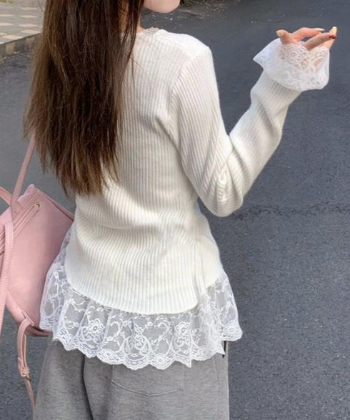 ニットトップス レース切替え Vネック服 レディースニットソー 春秋冬服 ニットウエア 韓国風 ニットインナー オフィスカジュアル フェミニンニット リブトップス 77ZHYI-001