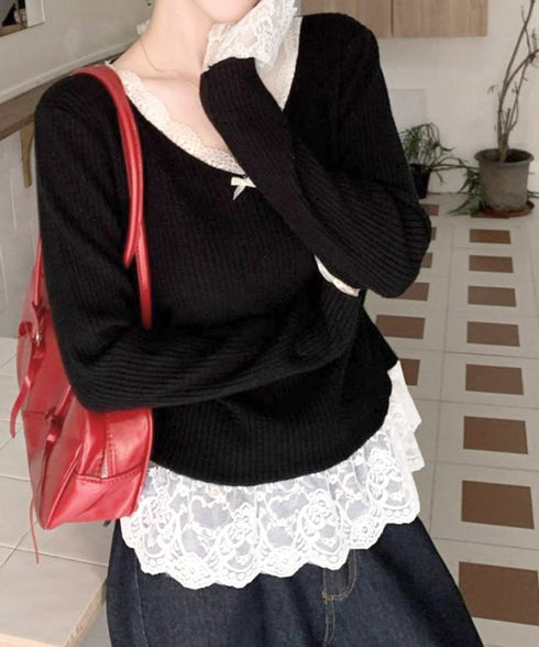 ニットトップス レース切替え Vネック服 レディースニットソー 春秋冬服 ニットウエア 韓国風 ニットインナー オフィスカジュアル フェミニンニット リブトップス 77ZHYI-001