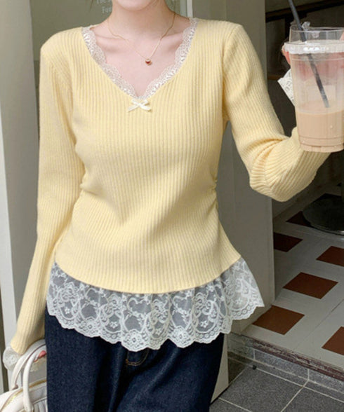 ニットトップス レース切替え Vネック服 レディースニットソー 春秋冬服 ニットウエア 韓国風 ニットインナー オフィスカジュアル フェミニンニット リブトップス 77ZHYI-001