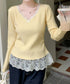 ニットトップス レース切替え Vネック服 レディースニットソー 春秋冬服 ニットウエア 韓国風 ニットインナー オフィスカジュアル フェミニンニット リブトップス 77ZHYI-001