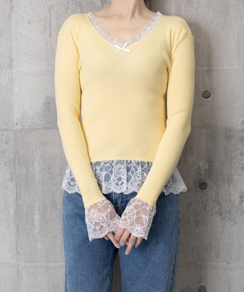 ニットトップス レース切替え Vネック服 レディースニットソー 春秋冬服 ニットウエア 韓国風 ニットインナー オフィスカジュアル フェミニンニット リブトップス 77ZHYI-001