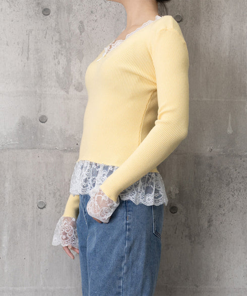 ニットトップス レース切替え Vネック服 レディースニットソー 春秋冬服 ニットウエア 韓国風 ニットインナー オフィスカジュアル フェミニンニット リブトップス 77ZHYI-001