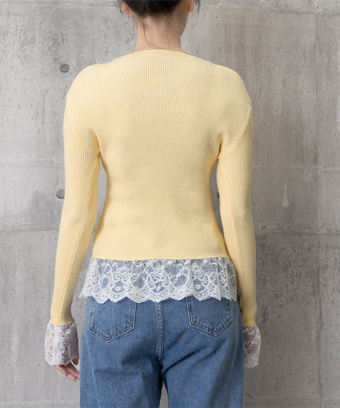 ニットトップス レース切替え Vネック服 レディースニットソー 春秋冬服 ニットウエア 韓国風 ニットインナー オフィスカジュアル フェミニンニット リブトップス 77ZHYI-001