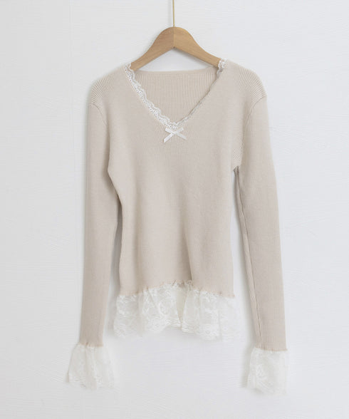 ニットトップス レース切替え Vネック服 レディースニットソー 春秋冬服 ニットウエア 韓国風 ニットインナー オフィスカジュアル フェミニンニット リブトップス 77ZHYI-001