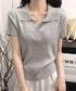 カラフルボタンポロシャツ 半袖リブニット 襟付きサマーニットレディース 春夏トップス新作 大人可愛い Vネック カラーボタンニットTシャツカジュアルきれいめ韓国風 80CHENXN-004