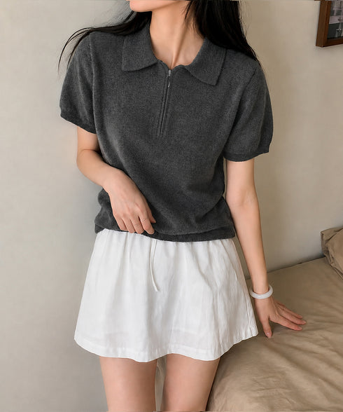 ハーフジップポロシャツ 半袖サマーニット 韓国風ニットトップス レディース春夏服 オフィスカジュアル 大人可愛い 襟付きプルオーバー 薄手ニットTシャツニットソー 80CHENXN-005