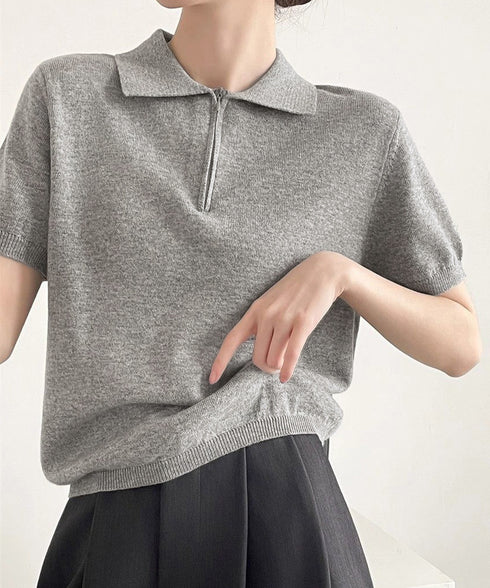 ハーフジップポロシャツ 半袖サマーニット 韓国風ニットトップス レディース春夏服 オフィスカジュアル 大人可愛い 襟付きプルオーバー 薄手ニットTシャツニットソー 80CHENXN-005