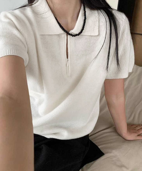 ハーフジップポロシャツ 半袖サマーニット 韓国風ニットトップス レディース春夏服 オフィスカジュアル 大人可愛い 襟付きプルオーバー 薄手ニットTシャツニットソー 80CHENXN-005