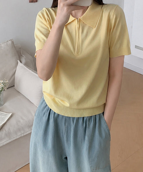 ハーフジップポロシャツ 半袖サマーニット 韓国風ニットトップス レディース春夏服 オフィスカジュアル 大人可愛い 襟付きプルオーバー 薄手ニットTシャツニットソー 80CHENXN-005