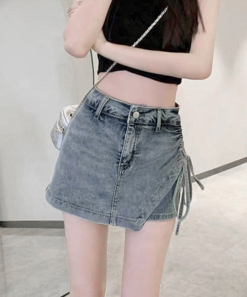 サイドリボンデニムショートパンツスカート レディース ハイウエスデニムキュロット 美脚脚長ミニスカ風ショーパン おしゃれラップ風デニム短パン 着やせ韓国風スカパン 80CHUNTAI-001