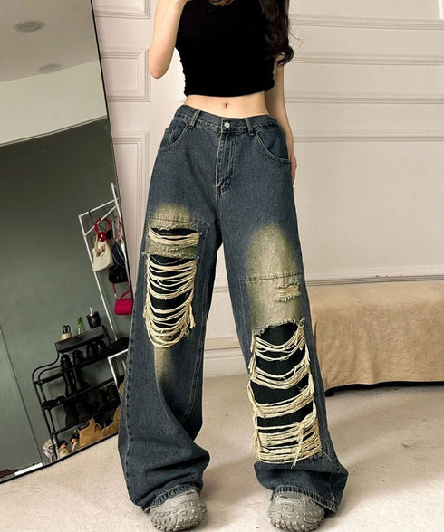 ダメージバギーデニムパンツヴィンテージ風 レディース ゆるレトロデニムワイドパンツ 韓国風ジーパン カジュアル 後ろゴムジーンズ 体型カバーロングパンツ 春秋夏冬 80CHUNTAI-003
