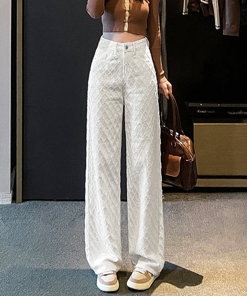 ダイヤ柄ジャガードワイドデニムパンツ美脚 ハイウエストストレートパンツ 体型カバー 大人カジュアル 高見えボトムス韓国風 脚長ジーンズ 着やせ きれいめカジュアル 80CHXSH-001