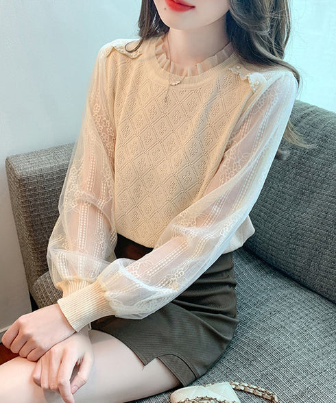 ニットトップスレース切り替えブラウス春服 レディース フリルネック レースブラウス シアー袖 ドッキングニット フェミニン ニットプルオーバー 大人可愛い 韓国風 80HONGQ-002