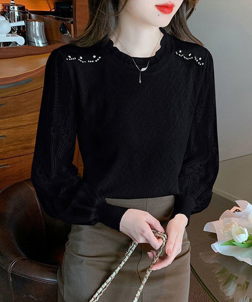ニットトップスレース切り替えブラウス春服 レディース フリルネック レースブラウス シアー袖 ドッキングニット フェミニン ニットプルオーバー 大人可愛い 韓国風 80HONGQ-002