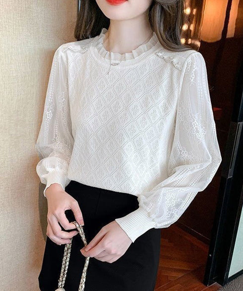 ニットトップスレース切り替えブラウス春服 レディース フリルネック レースブラウス シアー袖 ドッキングニット フェミニン ニットプルオーバー 大人可愛い 韓国風 80HONGQ-002