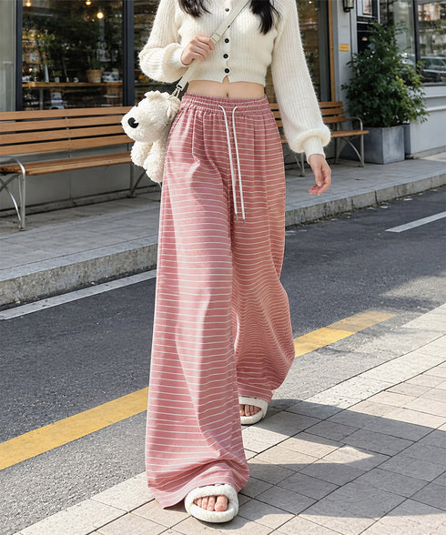 ボーダーワイドパンツイージーパンツ春夏秋 ドロストウエストゴムストレートパンツ レディースゆったり ロング丈リラックスパンツ 韓韓国風配色ラインパンツ薄手美脚脚長 80HUIY-001