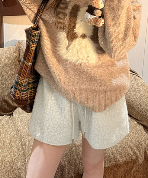 ボアショートパンツ もこもこルームパンツ レディース 暖かい短パン ポケット付き 秋冬起毛ショーパン ウエストゴム部屋着 シープボア調 ルームパンツ ハイウエスト 80JIALIANG-001