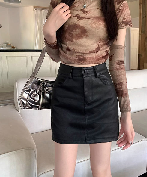 PUレザーミニスカートハイウエスト韓国風 セクシーショート丈スカート フロントポケット 秋冬膝上丈タイトスカート 美脚脚長スリムスカート お洒落合皮スカート細見え 80KALIN-001