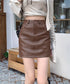 PUレザーミニスカートハイウエスト韓国風 セクシーショート丈スカート フロントポケット 秋冬膝上丈タイトスカート 美脚脚長スリムスカート お洒落合皮スカート細見え 80KALIN-001