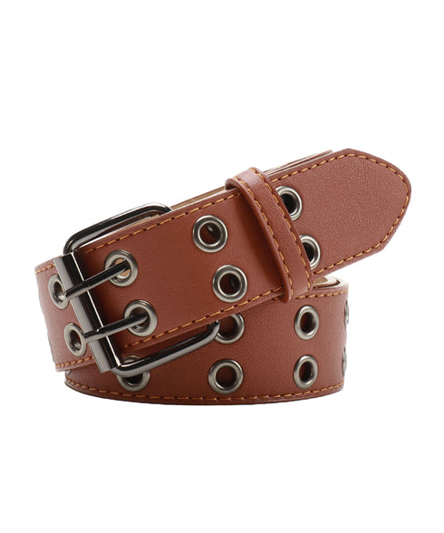 ダブルピンベルト PUレザーハトメベルト 幅広いダブルアイレットベルト ユニセックス太ベルト Y2Kファッション トレンド小物 ウエストマーク ワイドベルト韓国風 80KUPEI-001