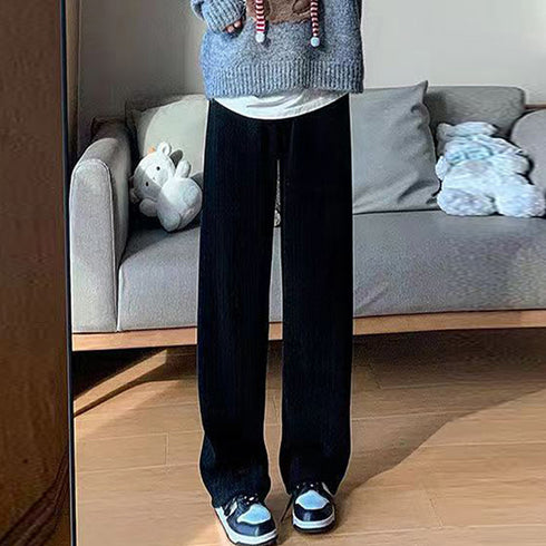 ワイドパンツ レディース韓国ニットパンツ コーデュロイ風パンツ ハイウエスト 脚長美脚パンツ ゆったりイージーパンツ カジュアル リラックスストレートパンツ 無地 80MANDI-001