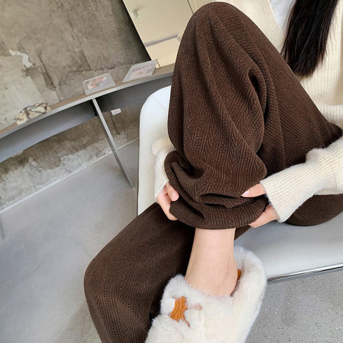 ワイドパンツ レディース韓国ニットパンツ コーデュロイ風パンツ ハイウエスト 脚長美脚パンツ ゆったりイージーパンツ カジュアル リラックスストレートパンツ 無地 80MANDI-001