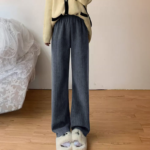 ワイドパンツ レディース韓国ニットパンツ コーデュロイ風パンツ ハイウエスト 脚長美脚パンツ ゆったりイージーパンツ カジュアル リラックスストレートパンツ 無地 80MANDI-001