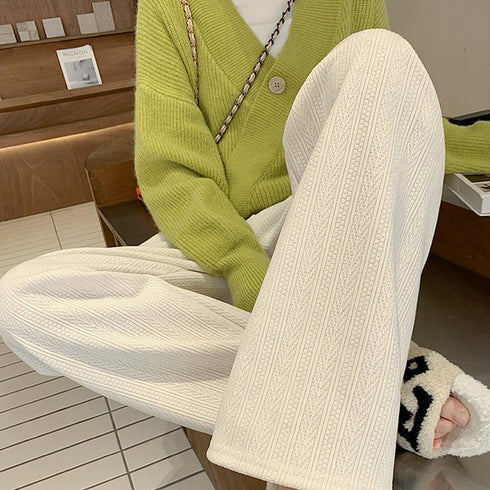 ワイドパンツ レディース韓国ニットパンツ コーデュロイ風パンツ ハイウエスト 脚長美脚パンツ ゆったりイージーパンツ カジュアル リラックスストレートパンツ 無地 80MANDI-001