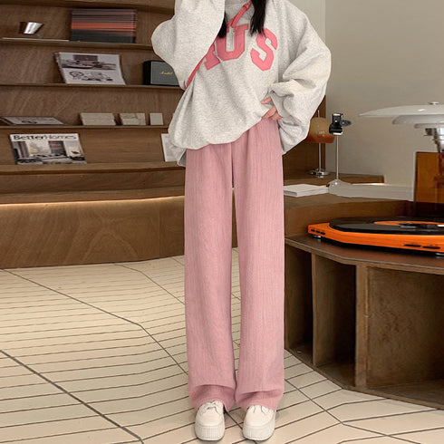 ワイドパンツ レディース韓国ニットパンツ コーデュロイ風パンツ ハイウエスト 脚長美脚パンツ ゆったりイージーパンツ カジュアル リラックスストレートパンツ 無地 80MANDI-001