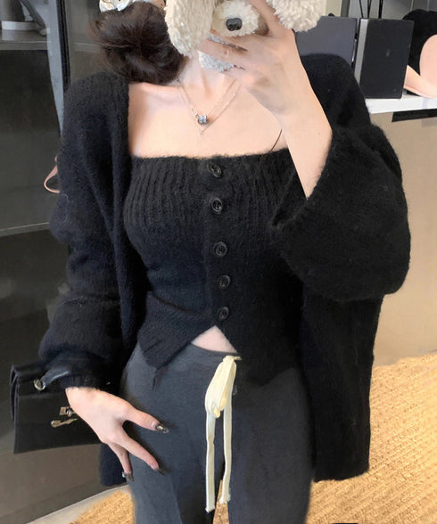 ニットアンサンブルベアトップニットカーデ ニットビスチェ&ロングカーディガン2点セット 大人可愛い 体型カバーニットアウター 着やせ 韓国風レイヤードニットセット 80MEIREN-024