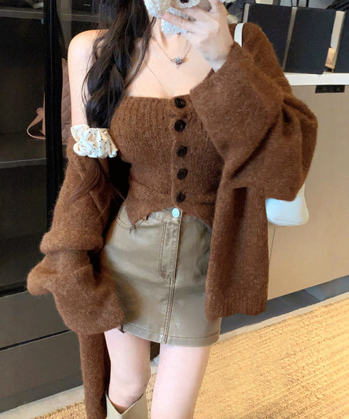 ニットアンサンブルベアトップニットカーデ ニットビスチェ&ロングカーディガン2点セット 大人可愛い 体型カバーニットアウター 着やせ 韓国風レイヤードニットセット 80MEIREN-024