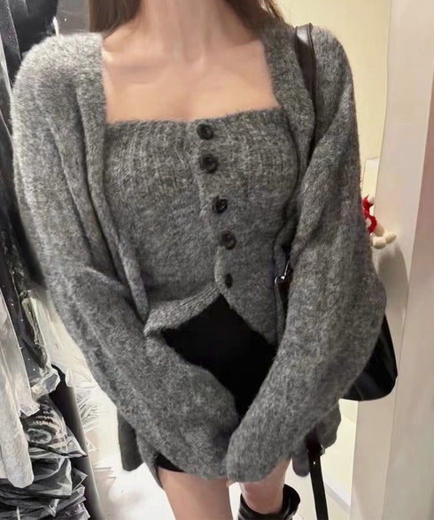 ニットアンサンブルベアトップニットカーデ ニットビスチェ&ロングカーディガン2点セット 大人可愛い 体型カバーニットアウター 着やせ 韓国風レイヤードニットセット 80MEIREN-024