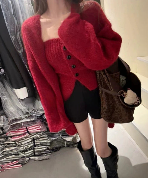 ニットアンサンブルベアトップニットカーデ ニットビスチェ&ロングカーディガン2点セット 大人可愛い 体型カバーニットアウター 着やせ 韓国風レイヤードニットセット 80MEIREN-024