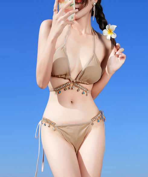 ビキニ セクシー水着3点セットレディース クロスビキニ パレオ付き ホルターネック ビーチウェア おしゃれ ビジュー付き水着 大人可愛い リボン紐ビキニ 海プール 80MIAOMIAO-008