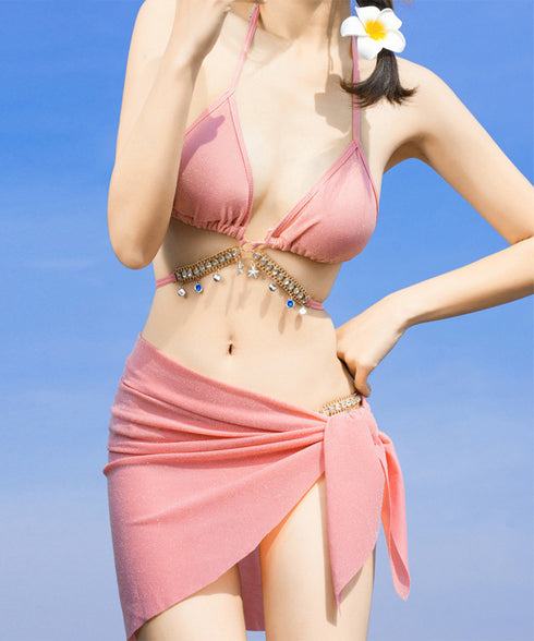 ビキニ セクシー水着3点セットレディース クロスビキニ パレオ付き ホルターネック ビーチウェア おしゃれ ビジュー付き水着 大人可愛い リボン紐ビキニ 海プール 80MIAOMIAO-008