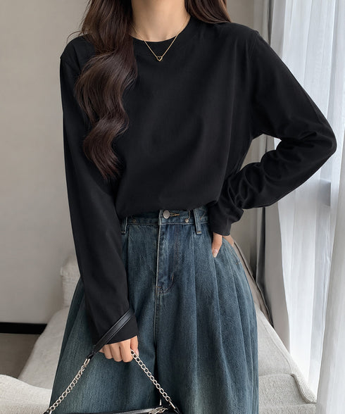 長袖TシャツカットソークルーネックロンT レディース韓国風カットソー 重ね着インナー 万能トップス 定番無地tシャツ着回し シンプル 春秋服 コットンプルオーバー 80MXX-002