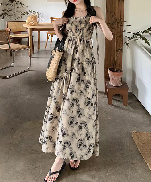 花柄 キャミワンピース 胸元シャーリング Aラインワンピース レディース ハイウエストロングワンピース 大人可愛い 10代20代30代 リゾートワンピース 着やせ 80MYI-001