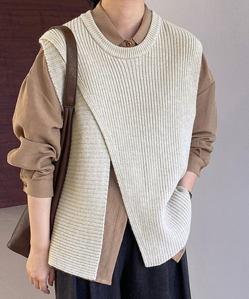 リブニットベスト 前後スリットニットジレ レディース こなれ感ノースリーブニットトップス ラウンドネック 大人カジュアル おしゃれ ゆったり重ね着ニット 韓国風 80QT-001