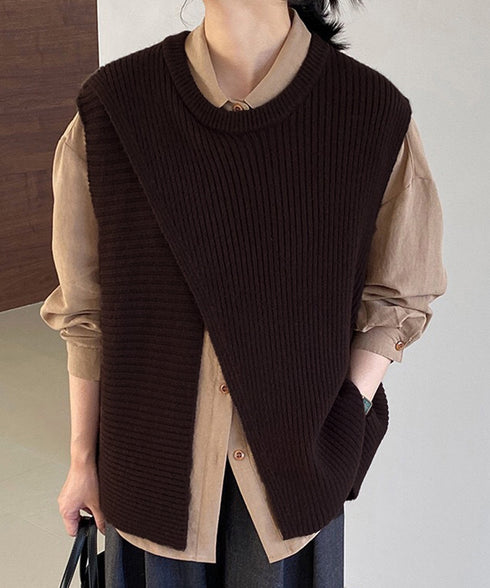 リブニットベスト 前後スリットニットジレ レディース こなれ感ノースリーブニットトップス ラウンドネック 大人カジュアル おしゃれ ゆったり重ね着ニット 韓国風 80QT-001