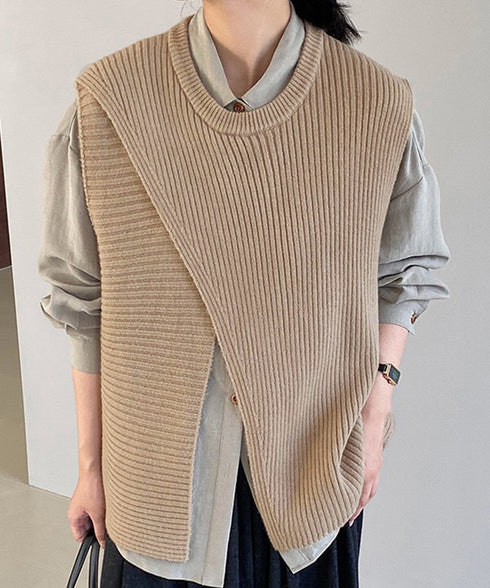 リブニットベスト 前後スリットニットジレ レディース こなれ感ノースリーブニットトップス ラウンドネック 大人カジュアル おしゃれ ゆったり重ね着ニット 韓国風 80QT-001